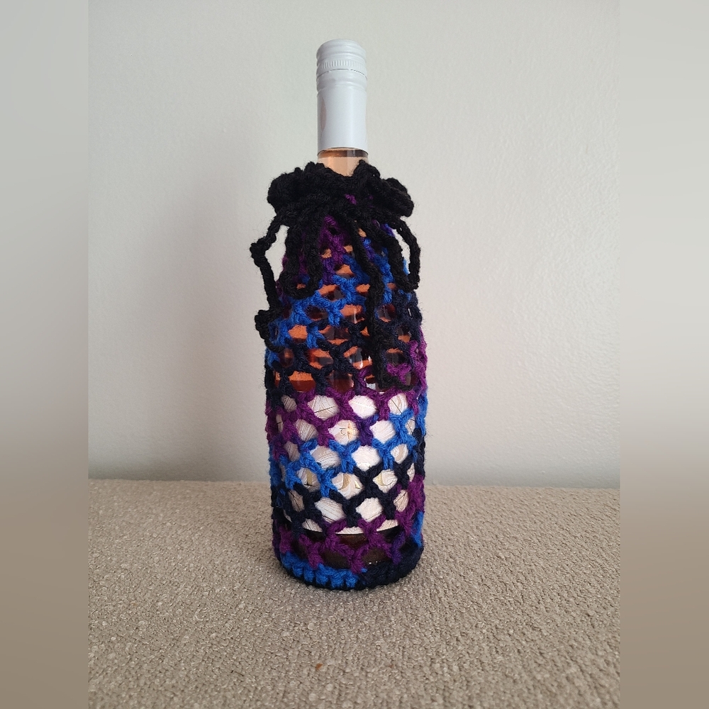 Handcrafted Blue Purple Black Crochet Wine Bottle Cover
